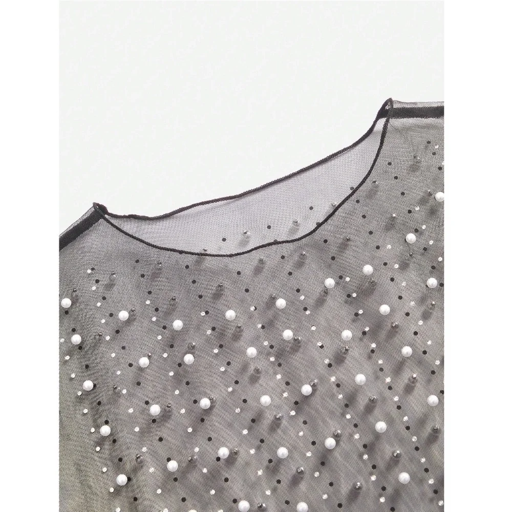Black Sheer Mesh Long Sleeve Feather Shirt with Faux Pearls Sparkles Beaded - Picture 9 of 15